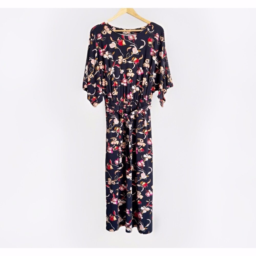 Garnet Hill Blue Floral Midi Dress Women’s XS Pullover Cottagecore Pockets